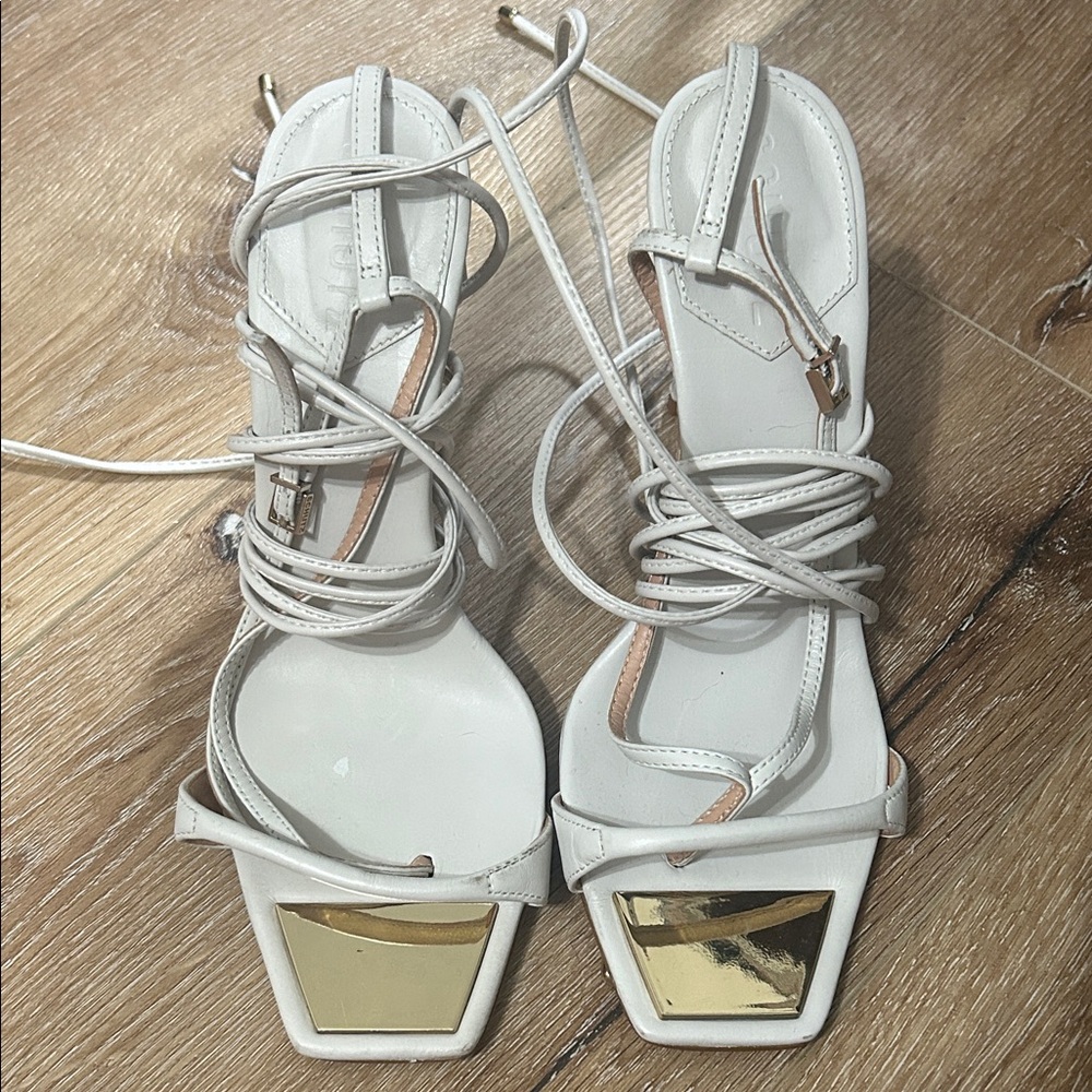 Schultz White and Gold Strappy Heels